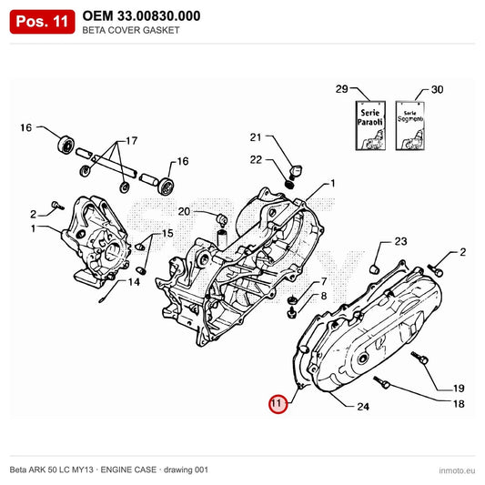 BETA COVER GASKET – OEM 33.00830.000, position 11 on the Beta ARK 50 LC MY13 engine case drawing