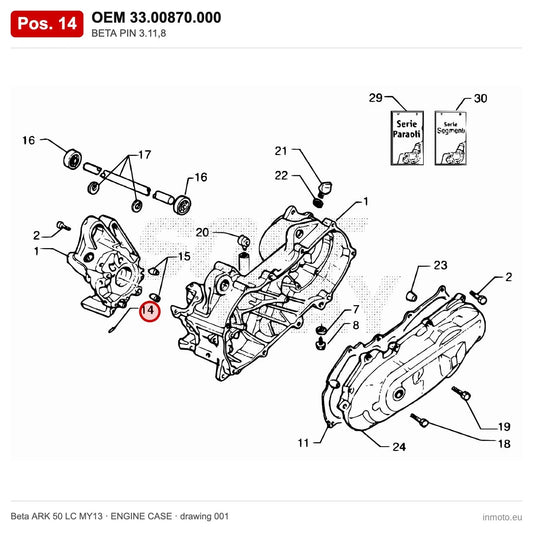BETA PIN 3.11,8 – OEM 33.00870.000, position 14 on the Beta ARK 50 LC MY13 engine case drawing