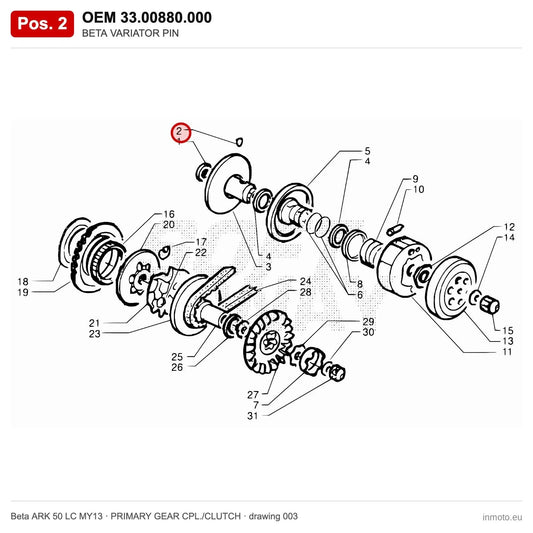 BETA VARIATOR PIN – OEM 33.00880.000, position 2 on the Beta ARK 50 LC MY13 primary gear cpl./clutch drawing