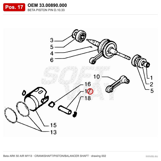 BETA PISTON PIN D.10.33 – OEM 33.00890.000, position 17 on the Beta ARK 50 AIR MY13 crankshaft/piston/balancer shaft drawing