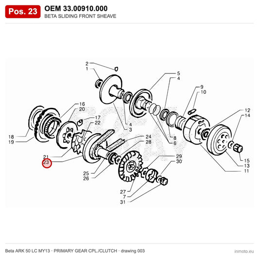 BETA SLIDING FRONT SHEAVE – OEM 33.00910.000, position 23 on the Beta ARK 50 LC MY13 primary gear cpl./clutch drawing