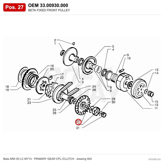 BETA FIXED FRONT PULLEY – OEM 33.00930.000, position 27 on the Beta ARK 50 LC MY13 primary gear cpl./clutch drawing