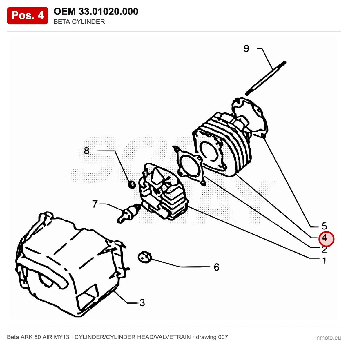 BETA CYLINDER – OEM 33.01020.000, position 4 on the Beta ARK 50 AIR MY13 cylinder/cylinder head/valvetrain drawing