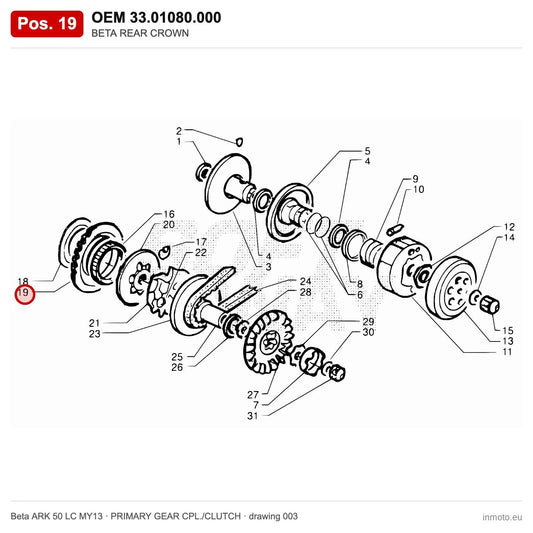 BETA REAR CROWN – OEM 33.01080.000, position 19 on the Beta ARK 50 LC MY13 primary gear cpl./clutch drawing