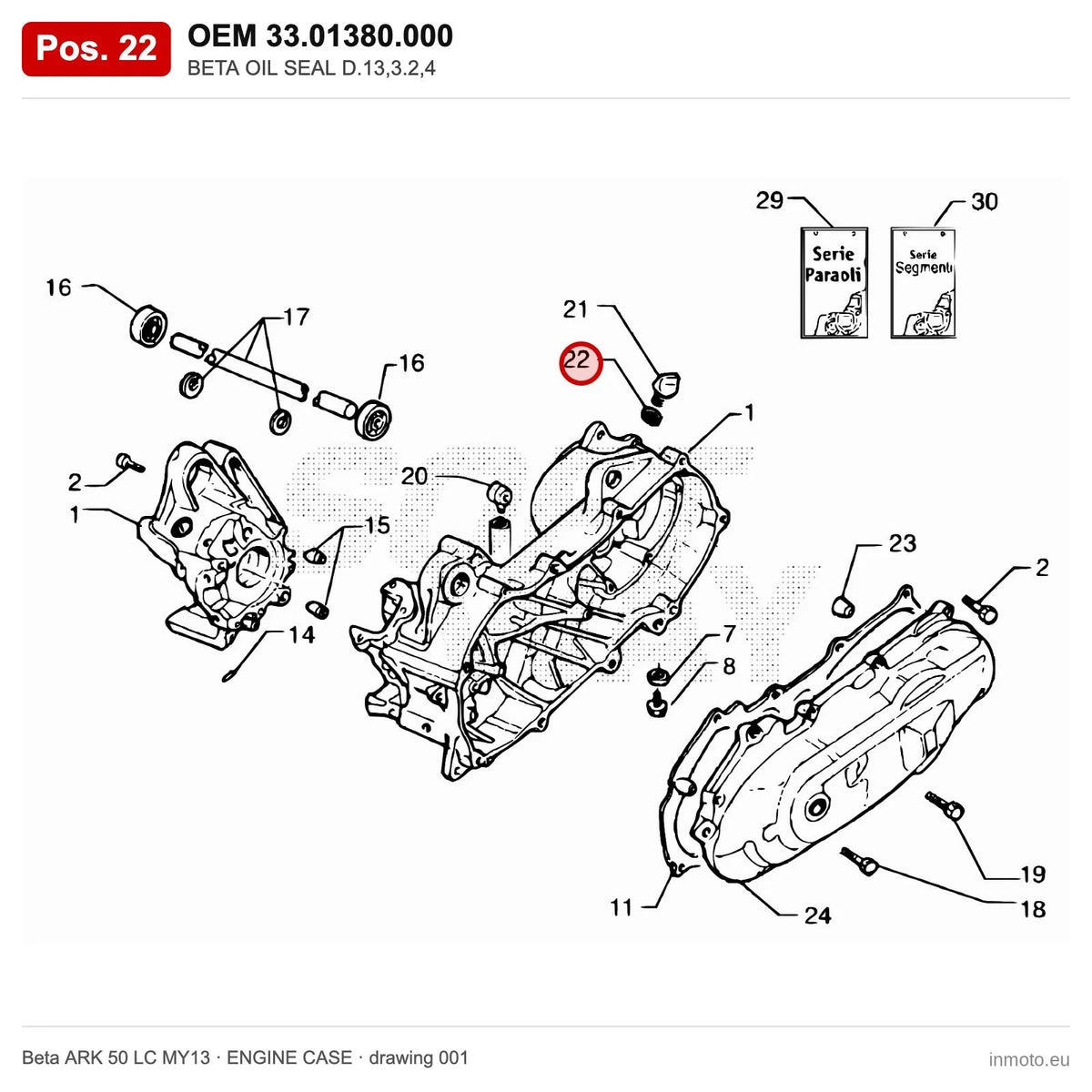 BETA OIL SEAL D.13,3.2,4 – OEM 33.01380.000, position 22 on the Beta ARK 50 LC MY13 engine case drawing