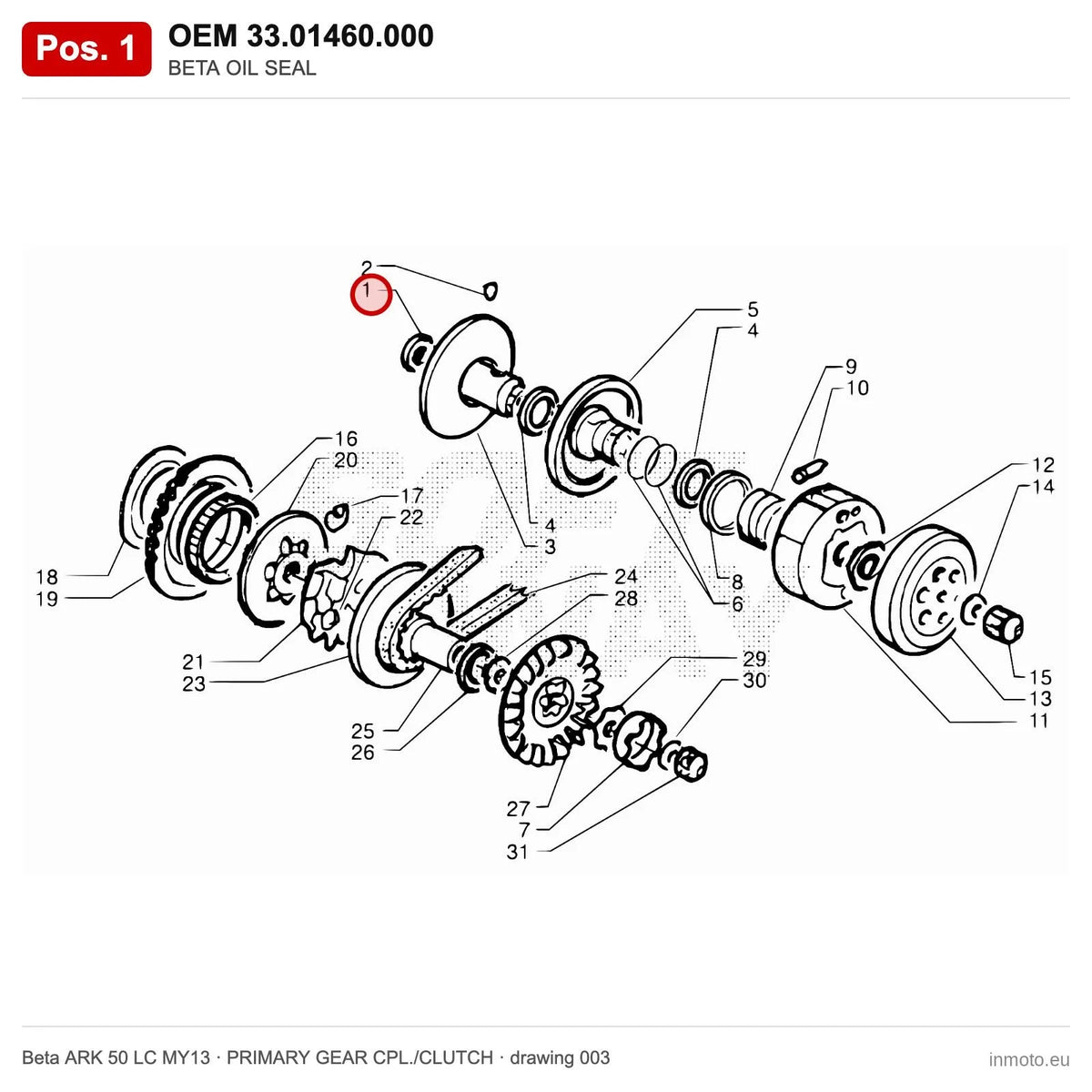 BETA OIL SEAL – OEM 33.01460.000, position 1 on the Beta ARK 50 LC MY13 primary gear cpl./clutch drawing