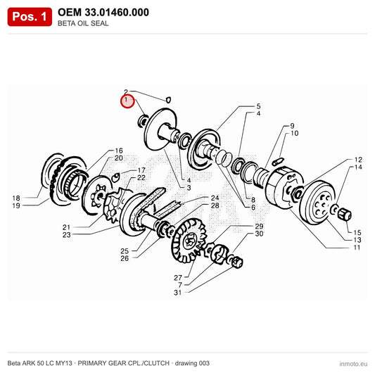 BETA OIL SEAL – OEM 33.01460.000, position 1 on the Beta ARK 50 LC MY13 primary gear cpl./clutch drawing