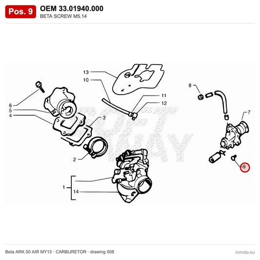 BETA SCREW M5.14 – OEM 33.01940.000, position 9 on the Beta ARK 50 AIR MY13 carburetor drawing
