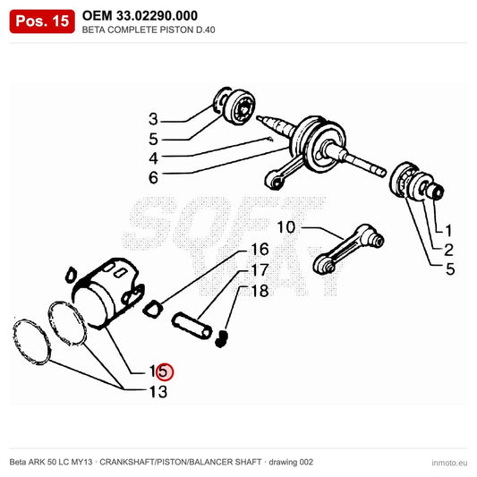 BETA COMPLETE PISTON D.40 – OEM 33.02290.000, position 15 on the Beta ARK 50 LC MY13 crankshaft/piston/balancer shaft drawing