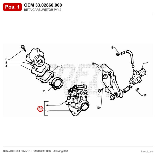 BETA CARBURETOR PY12 – OEM 33.02860.000, position 1 on the Beta ARK 50 LC MY13 carburetor drawing