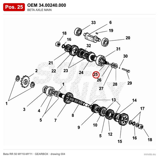 BETA AXLE MAIN – OEM 34.00240.000, position 25 on the Beta RR 50 MY10-MY11 gearbox drawing