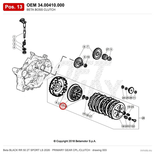 BETA BOSS CLUTCH – OEM 34.00410.000, position 13 on the Beta BLACK RR 50 2T SPORT LS 2026 primary gear cpl./clutch drawing