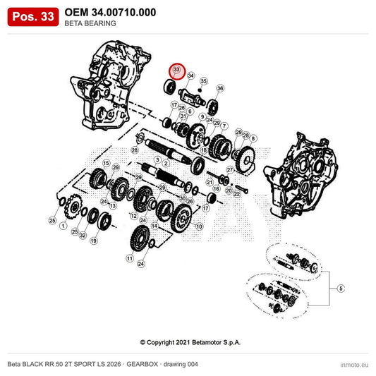 BETA BEARING – OEM 34.00710.000, position 33 on the Beta BLACK RR 50 2T SPORT LS 2026 gearbox drawing