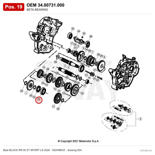 BETA BEARING – OEM 34.00731.000, position 19 on the Beta BLACK RR 50 2T SPORT LS 2026 gearbox drawing