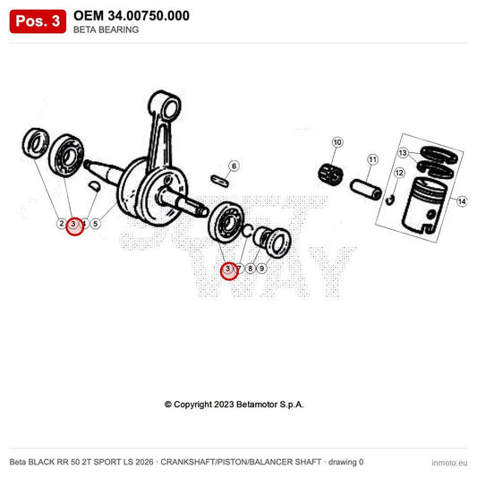 BETA BEARING – OEM 34.00750.000, position 3 on the Beta BLACK RR 50 2T SPORT LS 2026 crankshaft/piston/balancer shaft drawing