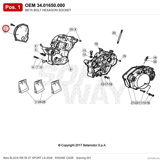 BETA BOLT HEXAGON SOCKET – OEM 34.01650.000, position 1 on the Beta BLACK RR 50 2T SPORT LS 2026 engine case drawing
