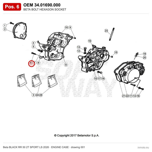 BETA BOLT HEXAGON SOCKET – OEM 34.01690.000, position 6 on the Beta BLACK RR 50 2T SPORT LS 2026 engine case drawing