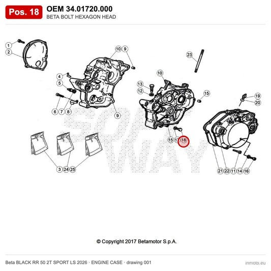 BETA BOLT HEXAGON HEAD – OEM 34.01720.000, position 18 on the Beta BLACK RR 50 2T SPORT LS 2026 engine case drawing