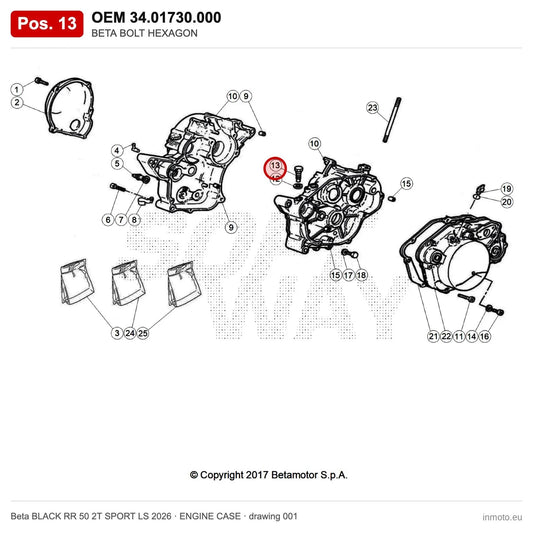 BETA BOLT HEXAGON – OEM 34.01730.000, position 13 on the Beta BLACK RR 50 2T SPORT LS 2026 engine case drawing