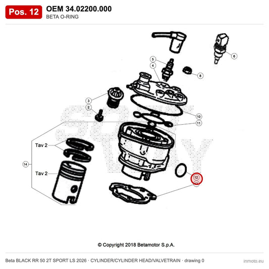 BETA O-RING – OEM 34.02200.000, position 12 on the Beta BLACK RR 50 2T SPORT LS 2026 cylinder/cylinder head/valvetrain drawing
