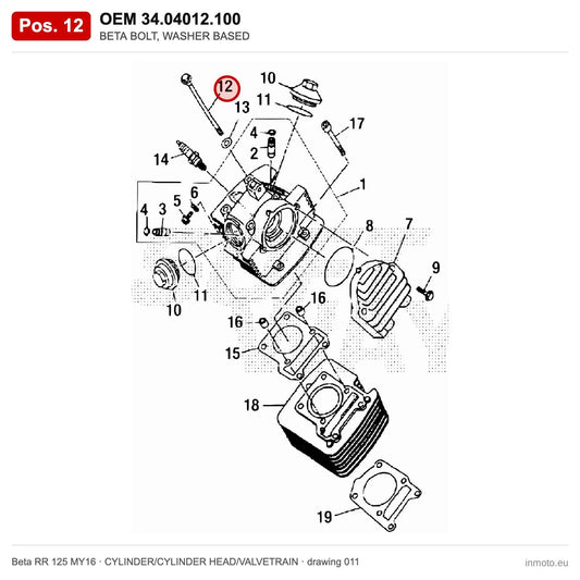 BETA BOLT, WASHER BASED – OEM 34.04012.100, position 12 on the Beta RR 125 MY16 cylinder/cylinder head/valvetrain drawing