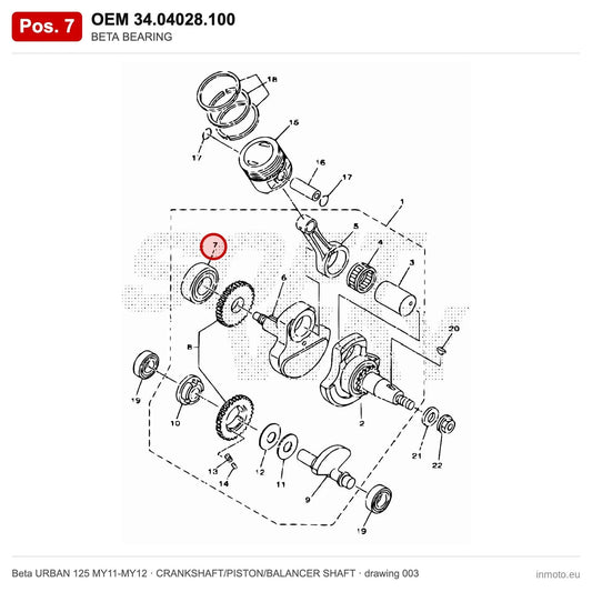 BETA BEARING – OEM 34.04028.100, position 7 on the Beta URBAN 125 MY11-MY12 crankshaft/piston/balancer shaft drawing