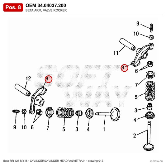 BETA ARM, VALVE ROCKER – OEM 34.04037.200, position 8 on the Beta RR 125 MY16 cylinder/cylinder head/valvetrain drawing