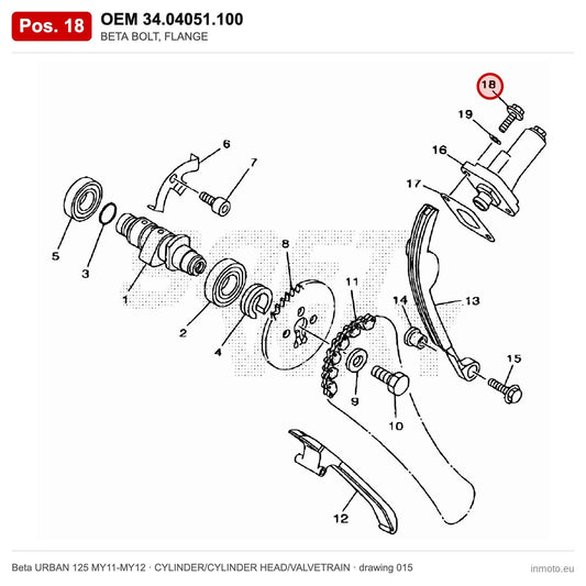 BETA BOLT, FLANGE – OEM 34.04051.100, position 18 on the Beta URBAN 125 MY11-MY12 cylinder/cylinder head/valvetrain drawing