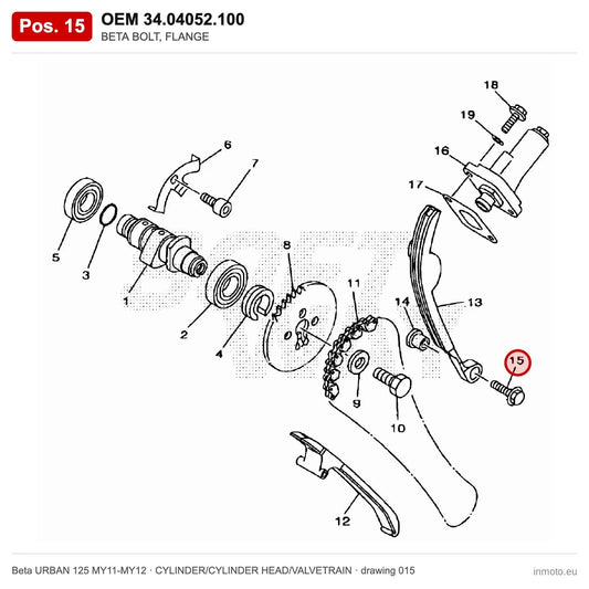 BETA BOLT, FLANGE – OEM 34.04052.100, position 15 on the Beta URBAN 125 MY11-MY12 cylinder/cylinder head/valvetrain drawing