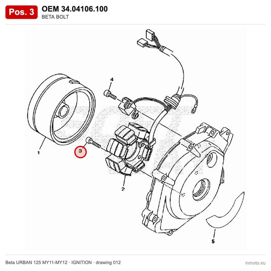 BETA BOLT – OEM 34.04106.100, position 3 on the Beta URBAN 125 MY11-MY12 ignition drawing