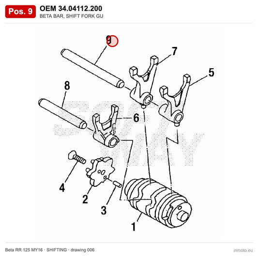 BETA BAR, SHIFT FORK GU – OEM 34.04112.200, position 9 on the Beta RR 125 MY16 shifting drawing