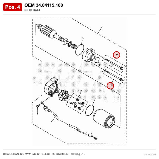 BETA BOLT – OEM 34.04115.100, shown on the Beta URBAN 125 MY11-MY12 elettricstarter drawing