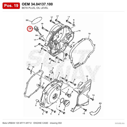 BETA PLUG, OIL LEVEL – OEM 34.04137.100, position 19 on the Beta URBAN 125 MY11-MY12 engine case drawing