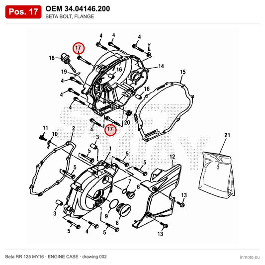 BETA BOLT, FLANGE – OEM 34.04146.200, position 17 on the Beta RR 125 MY16 engine case drawing