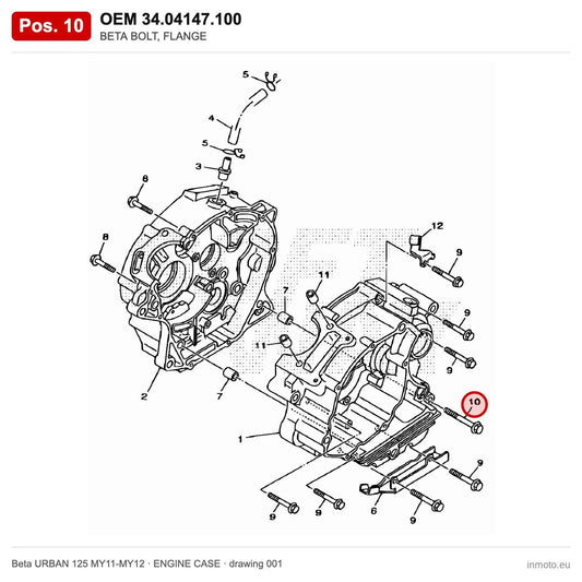 BETA BOLT, FLANGE – OEM 34.04147.100, position 10 on the Beta URBAN 125 MY11-MY12 engine case drawing