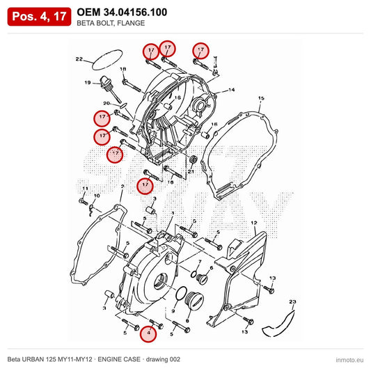 BETA BOLT, FLANGE – OEM 34.04156.100, positions 4,17 on the Beta URBAN 125 MY11-MY12 engine case drawing