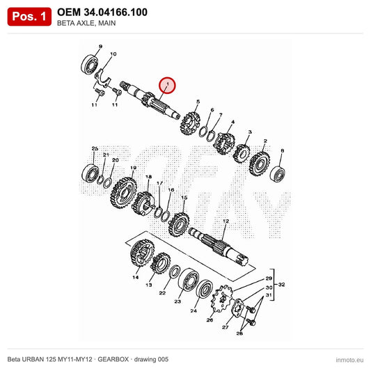 BETA AXLE, MAIN – OEM 34.04166.100, position 1 on the Beta URBAN 125 MY11-MY12 gearbox drawing