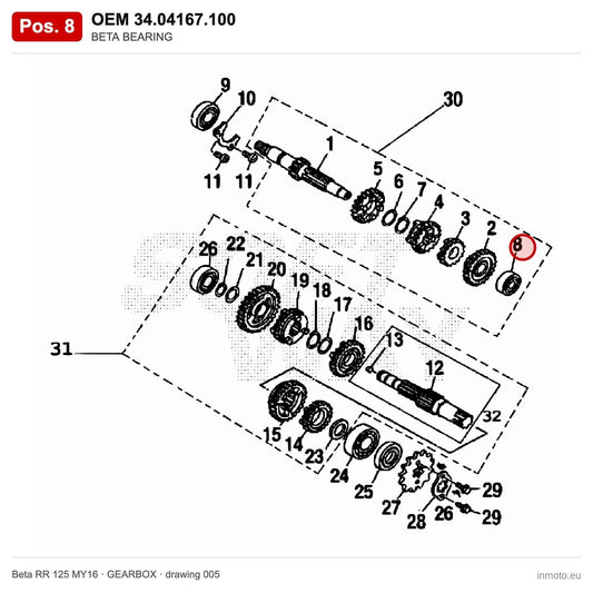 BETA BEARING – OEM 34.04167.100, position 8 on the Beta RR 125 MY16 gearbox drawing