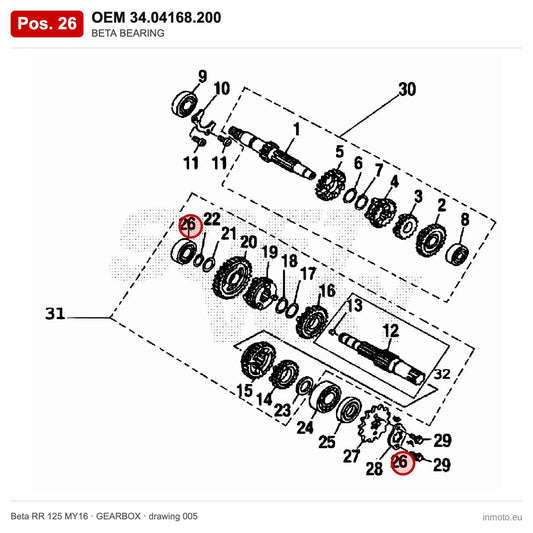BETA BEARING – OEM 34.04168.200, position 26 on the Beta RR 125 MY16 gearbox drawing