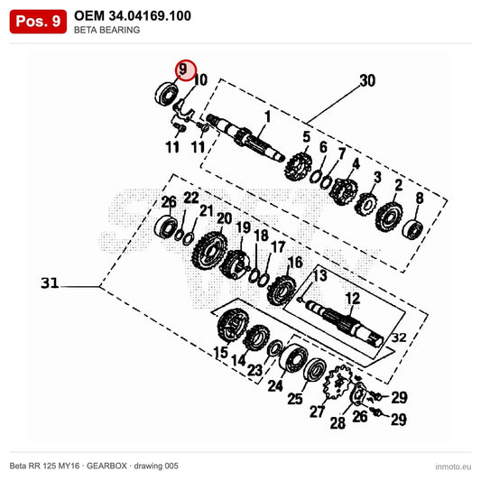 BETA BEARING – OEM 34.04169.100, position 9 on the Beta RR 125 MY16 gearbox drawing