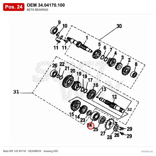 BETA BEARING – OEM 34.04170.100, position 24 on the Beta RR 125 MY16 gearbox drawing