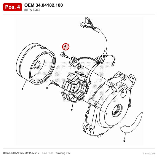 BETA BOLT – OEM 34.04182.100, position 4 on the Beta URBAN 125 MY11-MY12 ignition drawing