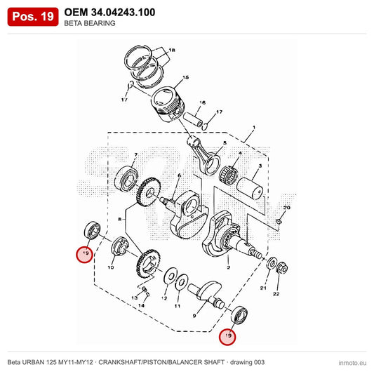BETA BEARING – OEM 34.04243.100, position 19 on the Beta URBAN 125 MY11-MY12 crankshaft/piston/balancer shaft drawing