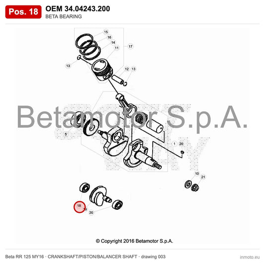 BETA BEARING – OEM 34.04243.200, position 18 on the Beta RR 125 MY16 crankshaft/piston/balancer shaft drawing