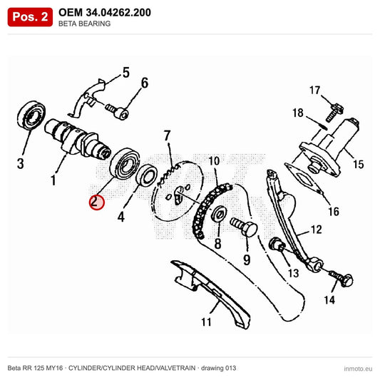 BETA BEARING – OEM 34.04262.200, position 2 on the Beta RR 125 MY16 cylinder/cylinder head/valvetrain drawing
