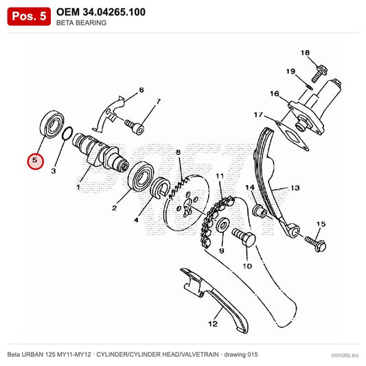 BETA BEARING – OEM 34.04265.100, position 5 on the Beta URBAN 125 MY11-MY12 cylinder/cylinder head/valvetrain drawing