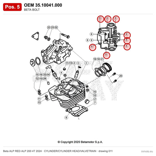BETA BOLT – OEM 35.10041.000, position 5 on the Beta ALP RED ALP 200 4T 2024 cylinder/cylinder head/valvetrain drawing