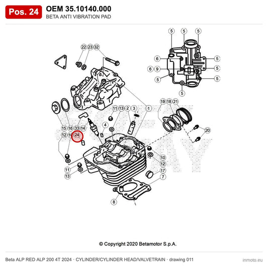 BETA ANTI VIBRATION PAD – OEM 35.10140.000, position 24 on the Beta ALP RED ALP 200 4T 2024 cylinder/cylinder head/valvetrain drawing
