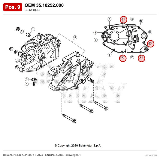 BETA BOLT – OEM 35.10252.000, position 9 on the Beta ALP RED ALP 200 4T 2024 engine case drawing