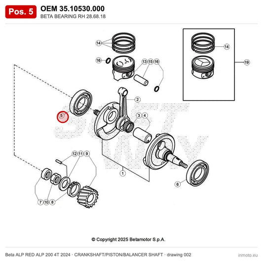 BETA BEARING RH 28.68.18 – OEM 35.10530.000, position 5 on the Beta ALP RED ALP 200 4T 2024 crankshaft/piston/balancer shaft drawing